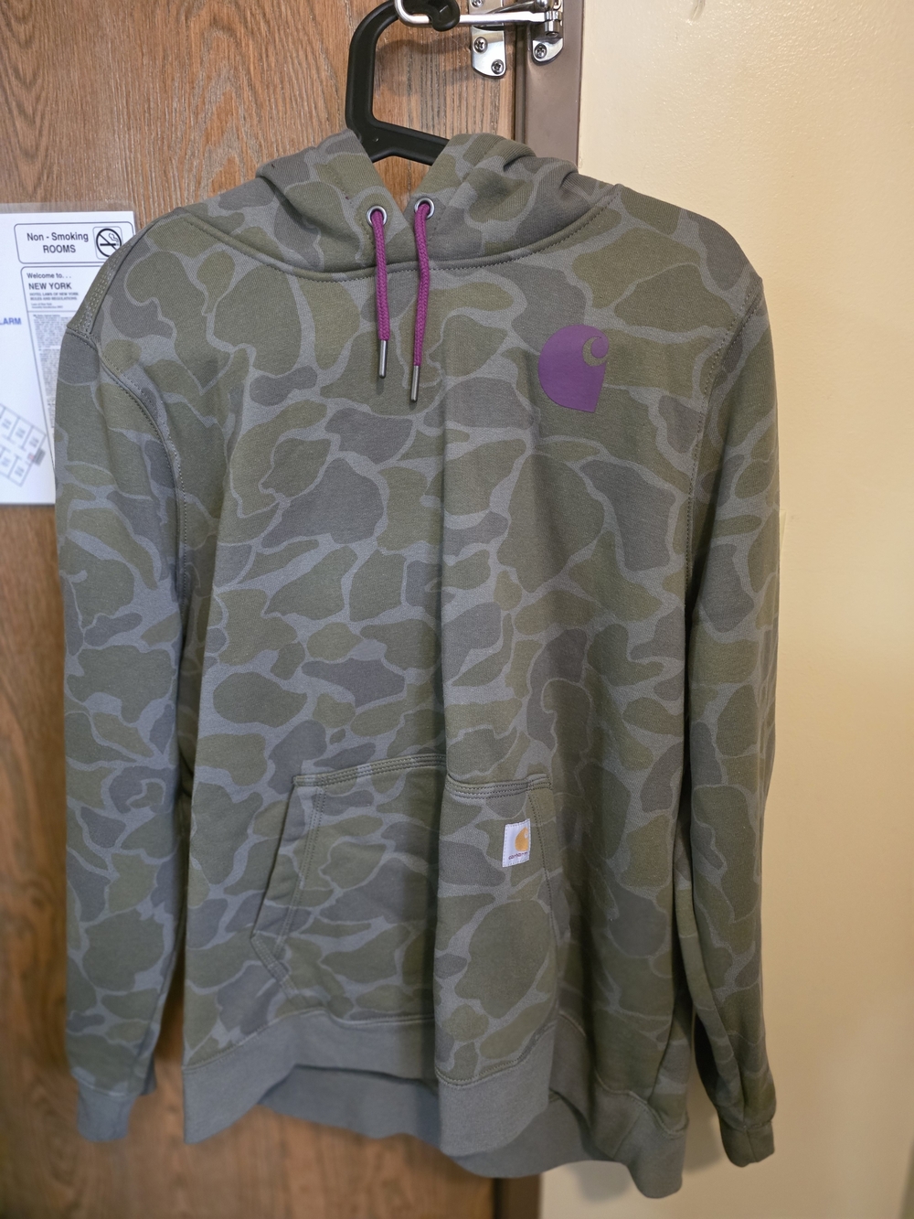 Carhartt Olive Camo Crewneck Hoodie with Purple Logo
